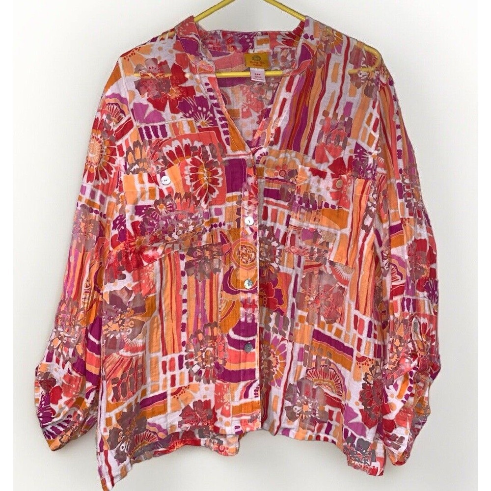 Ruby Rd Woman‎ Floral Print Button Down Blouse Women's 24W Orange Burnout Top